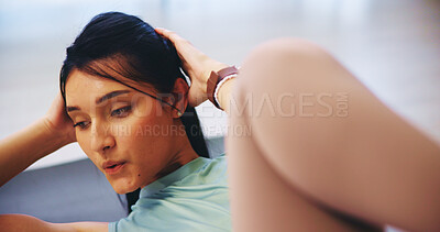 Buy stock photo Stretching, crunches and woman with workout routine for calm, strong muscle and mental health. Female person, training and core in home for balance, cardio and fitness as pilates exercise or practice