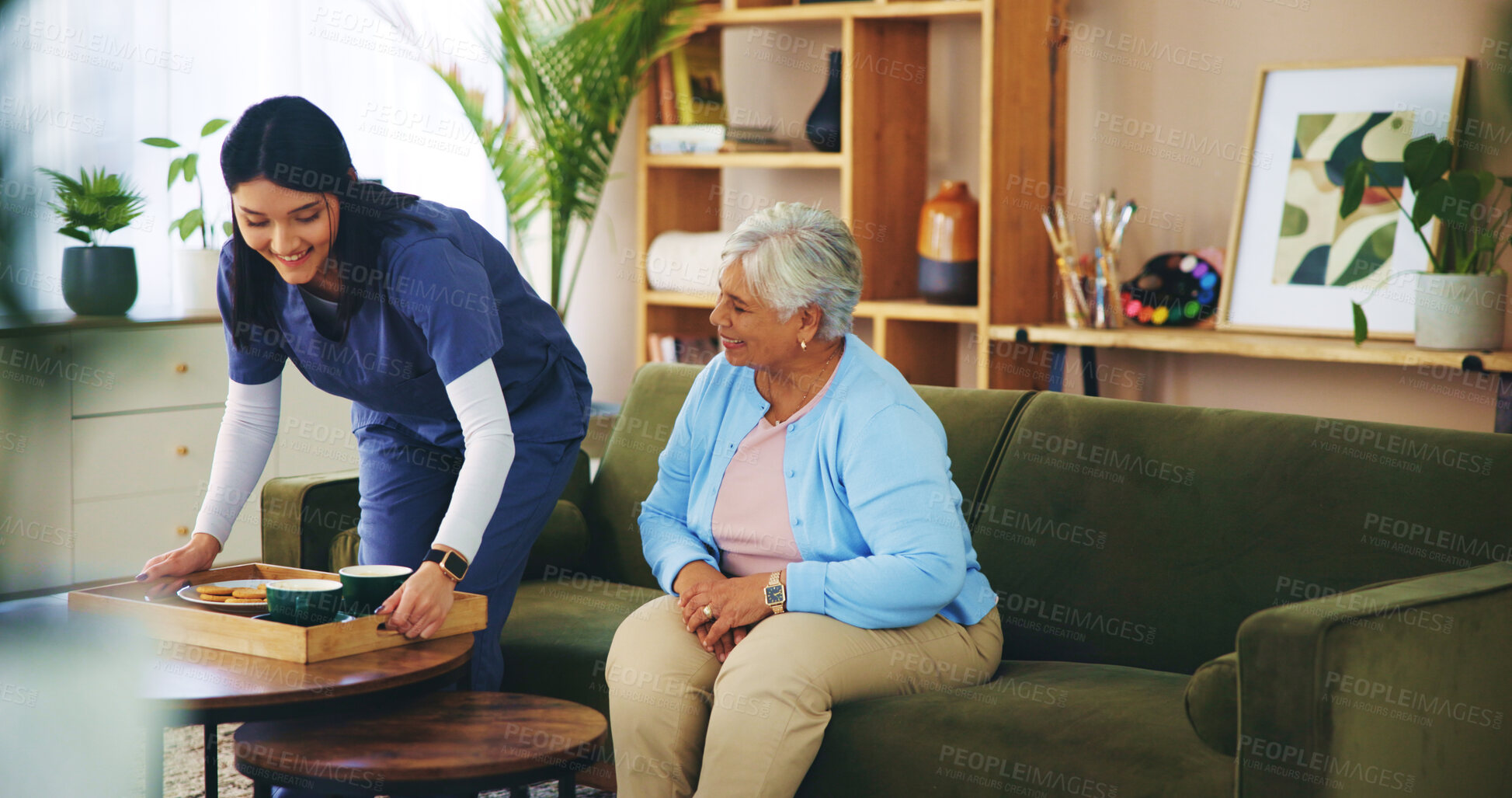 Buy stock photo Happy woman, nurse or elderly patient with food tray for assisted living, meal or service at old age home. Female person, caregiver or helper with senior client or breakfast for love, support or care