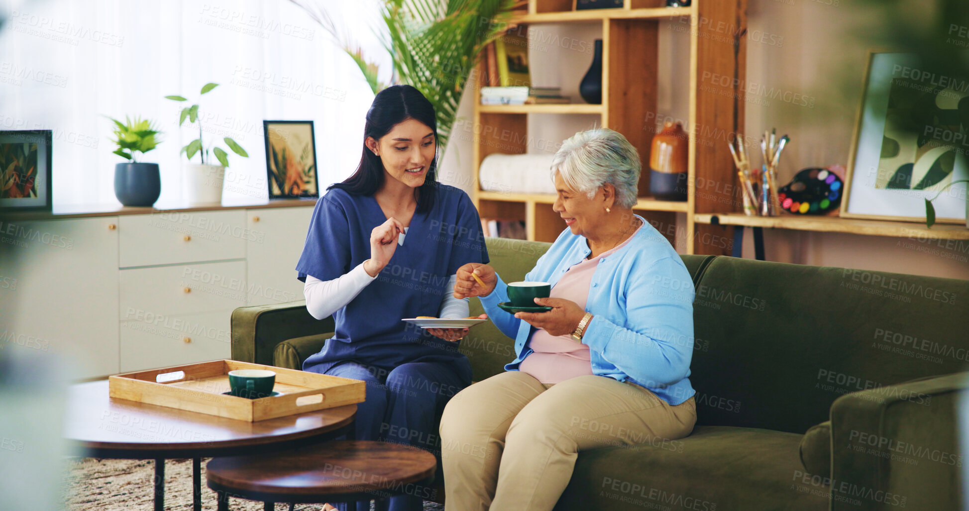 Buy stock photo Senior woman, nurse and tea in home for retirement support, relax and homecare assistance on sofa. Old person, caregiver and happy with beverage in morning for kindness, service or wellness in lounge