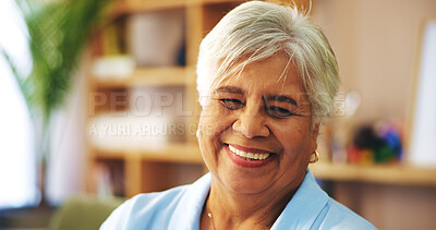 Buy stock photo Senior, retirement or happy woman in portrait or home for confidence, resting or wellness in living room. Elderly person, face or smile in lounge with gratitude, pride and peace on break apartment