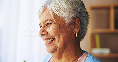 Buy stock photo Smile, thinking and senior woman in home for view, reflection or nostalgia by window in living room. Happy, daydream and elderly person with peace, hope and remember past memory in retirement house