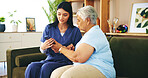 Help, smartphone and old woman on couch with nurse for senior care, support and learning in lounge at home. Homecare, elderly person and caregiver on sofa with phone, healthcare and mobile app advice