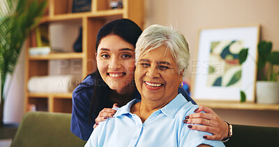 Buy stock photo Nurse, elderly woman and portrait with embrace in lounge for medicine, trust and assisted living. Senior person, caregiver and smiling in retirement or nursing home for health, wellness and pensioner