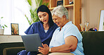 Laptop, happy senior woman or caregiver in retirement home with healthcare results or medical diagnosis. Good news, pensioner or elderly person with technology, patient info or nurse for wellness