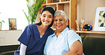 Nurse, elderly woman and portrait with happiness in lounge for medicine, trust and assisted living. Senior person, caregiver and smile in retirement or nursing home for health, wellness and pensioner