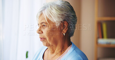 Buy stock photo Senior woman, window and thinking in home for reflection, memory or decision in morning for retirement. Elderly person, remember or nostalgia in living room with inspiration, idea or insight in house