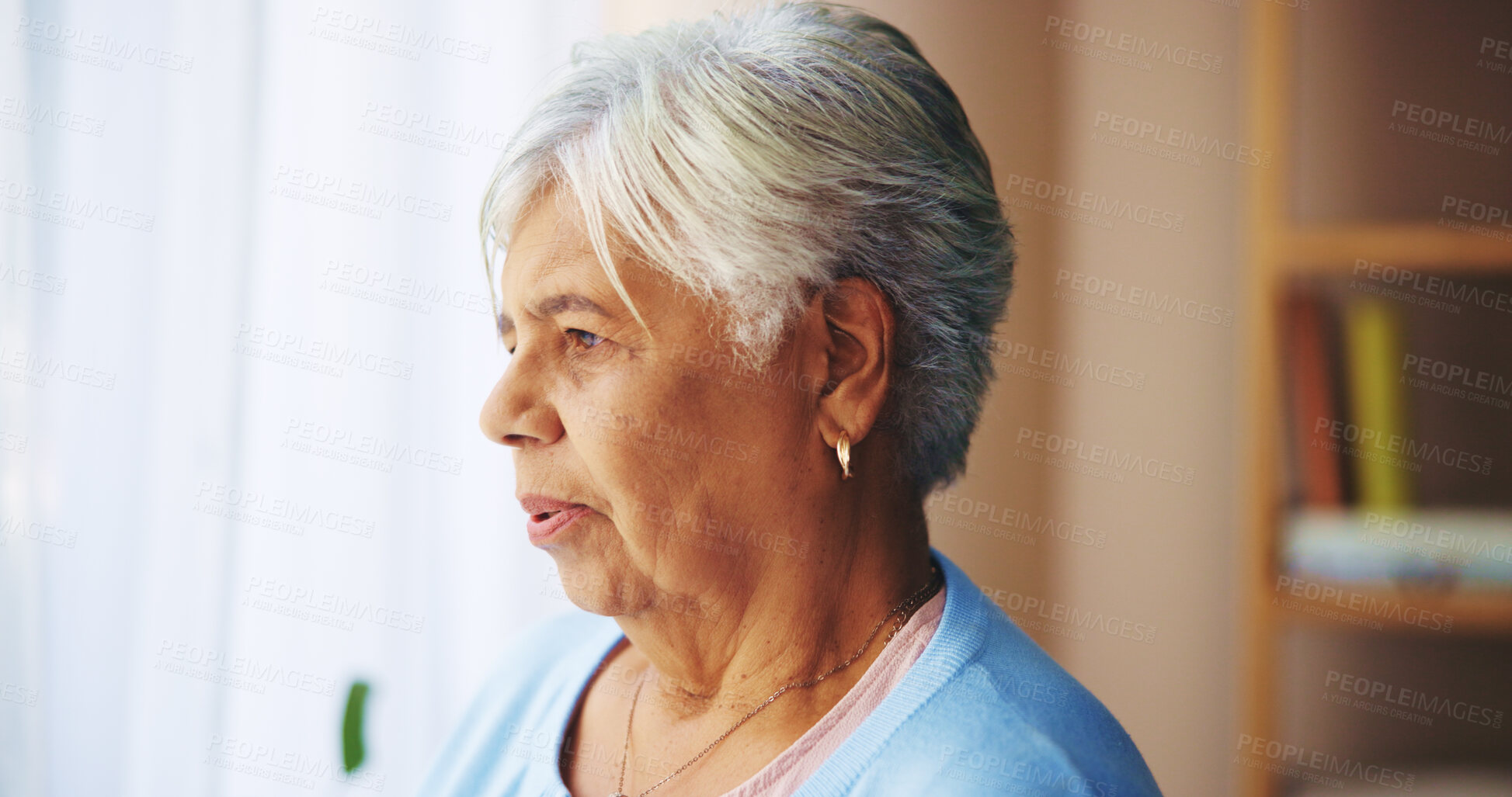 Buy stock photo Senior woman, window and thinking in home for reflection, memory or decision in morning for retirement. Elderly person, remember or nostalgia in living room with inspiration, idea or insight in house