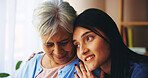 Hug, empathy and caregiver with elderly woman in home for support, compassion and comforting. Retirement, healthcare and nurse with senior person embrace for assisted living, medical service and care