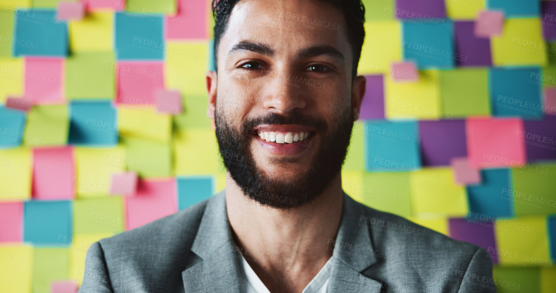 Buy stock photo Scrum, pride and portrait of business man for project management, development and planning. Sticky note, task and moodboard with person and wall background for schedule, agenda and calendar.