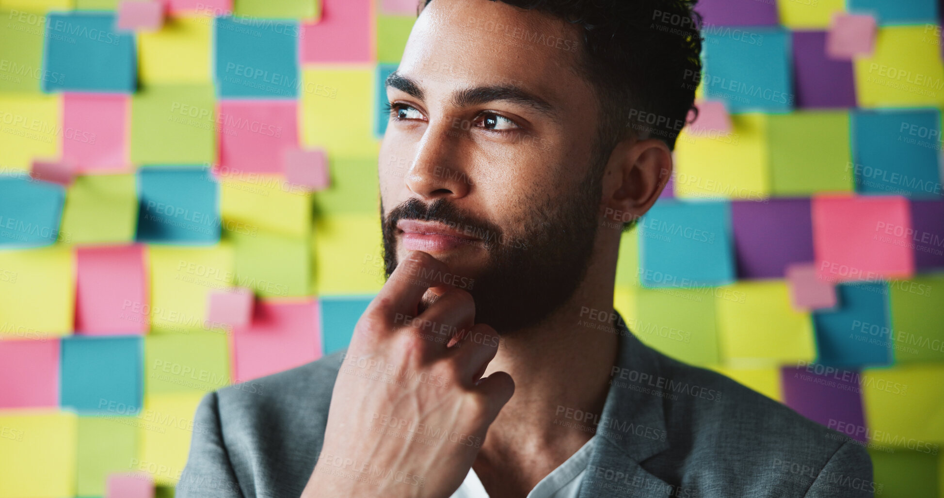 Buy stock photo Businessman, smile or thinking in office for agenda, startup opportunity or career development. Creative person, planning or idea at sticky note background for project management with problem solving