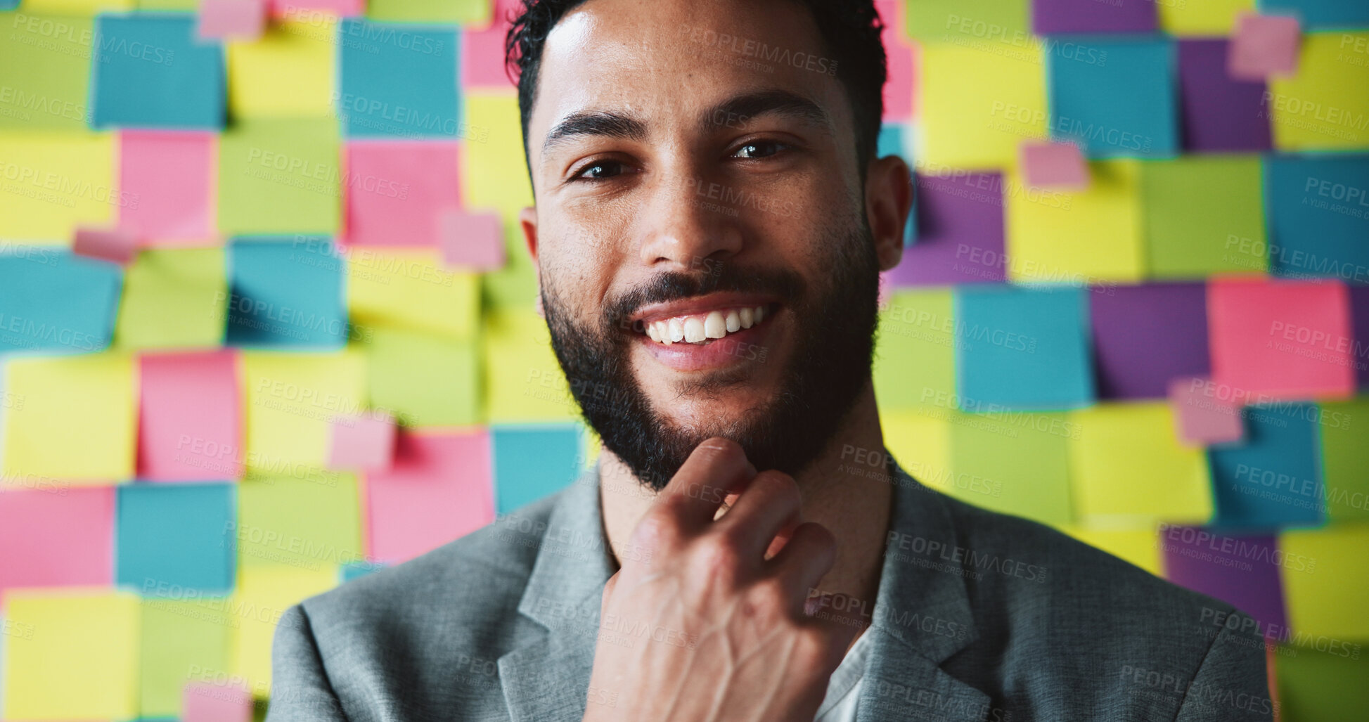 Buy stock photo Smile, planning and portrait of business man for project management, development and creative. Sticky note, task and moodboard with person and wall background for schedule, agenda and calendar