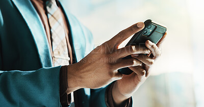 Buy stock photo Businessman, smartphone and hands for typing as network, connection and communication in office. Male person, mobile technology and contact for online, email and internet as investment banker in firm