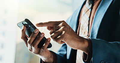 Buy stock photo Businessman, cellphone and hands for typing in office as network, connection and communication. Male person, mobile technology and contact for online, email and internet as investment banker in firm