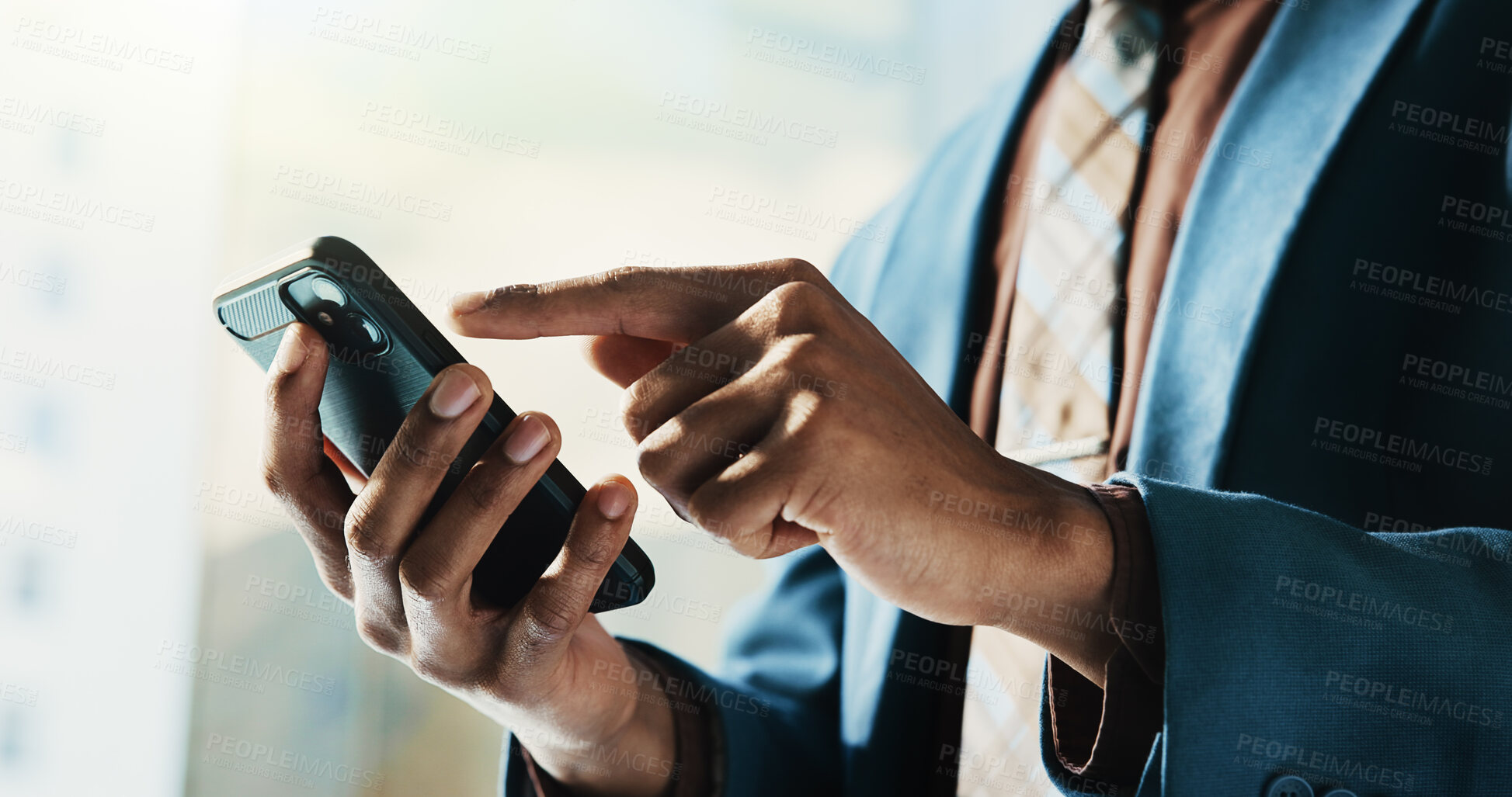 Buy stock photo Businessman, cellphone and hands for typing in office as network, connection and communication. Male person, mobile technology and contact for online, email and internet as investment banker in firm
