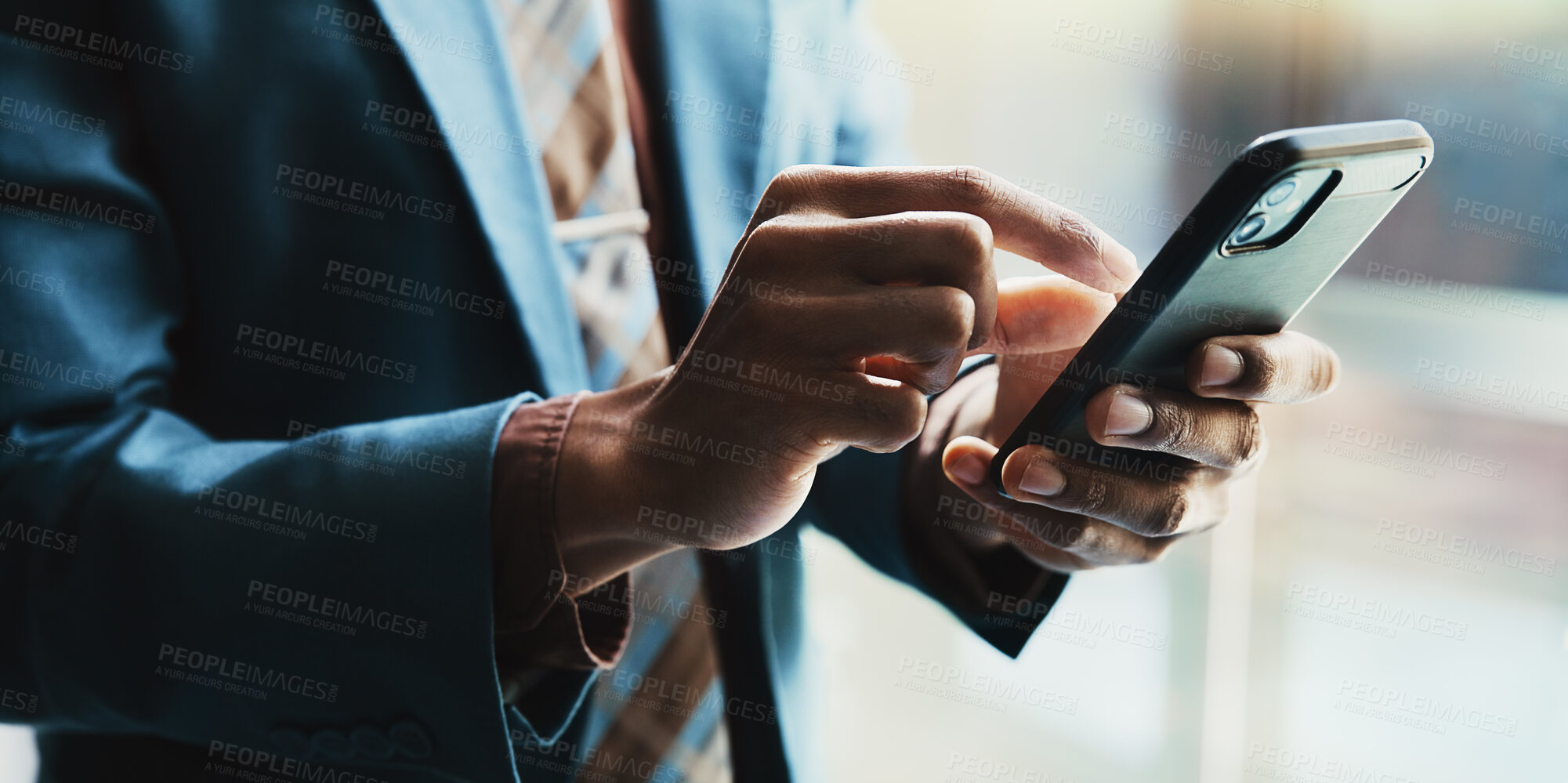 Buy stock photo Businessman, smartphone and hands for scroll as network, connection and communication in office. Male person, mobile technology and contact for online, email and internet as investment banker in firm