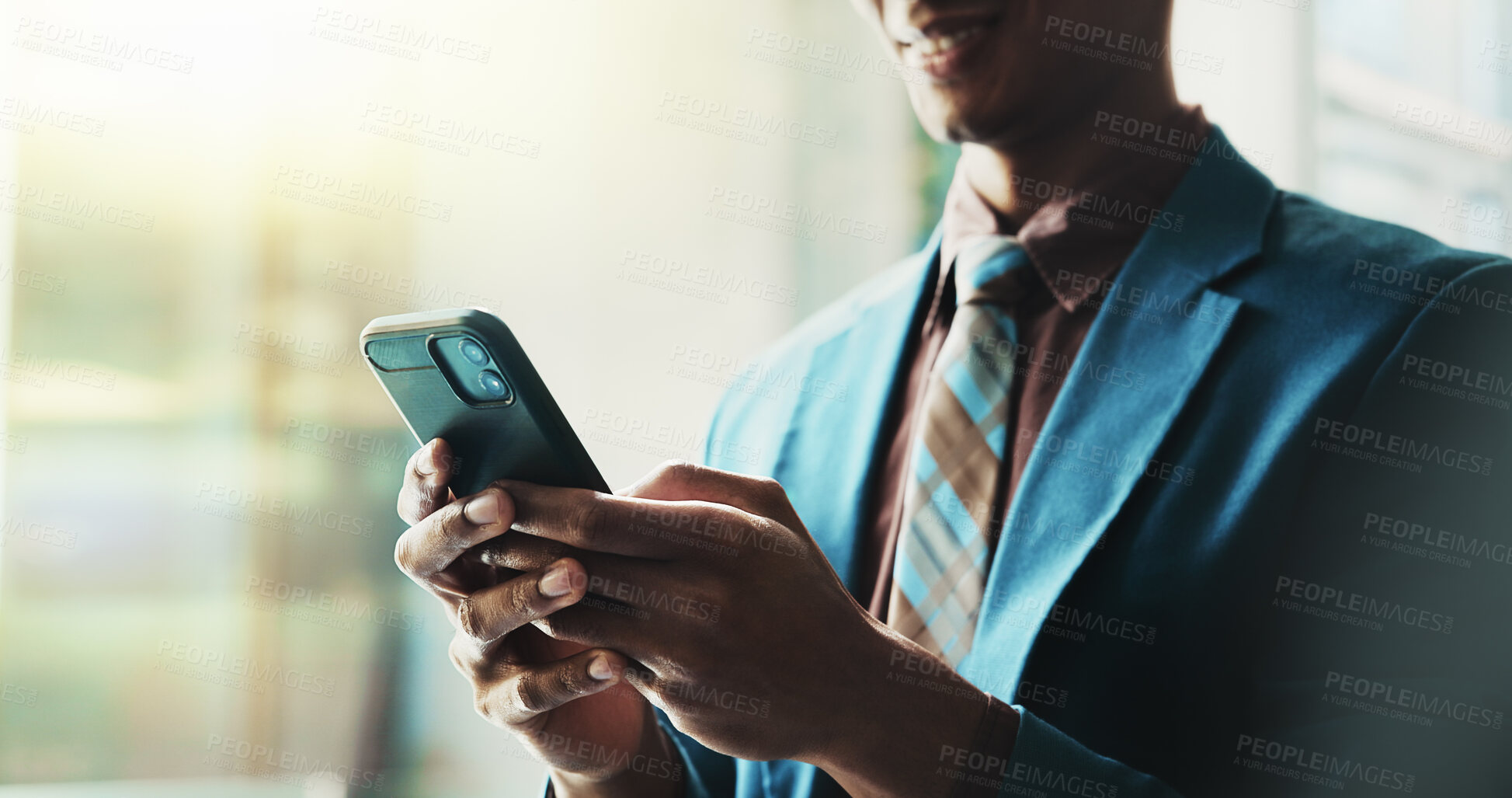 Buy stock photo Business, man and hands scroll with smartphone in office for crypto research and reading stock market news. Employee, happy trader and phone for checking online trading account and investment update