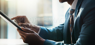 Buy stock photo Scroll, tablet and hands of business man for research, online website and internet for stock trading. Office, corporate and person on digital tech for financial planning, fintech and budget review