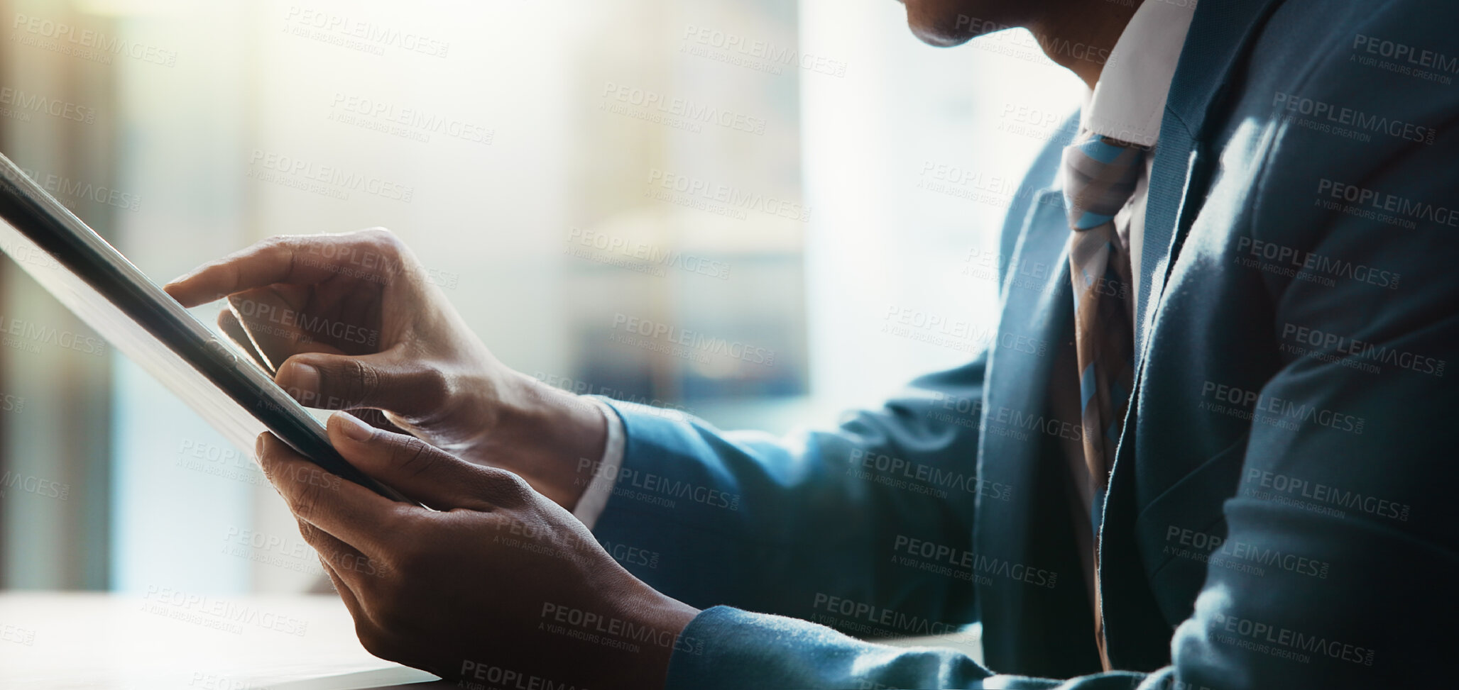 Buy stock photo Scroll, tablet and hands of business man for research, online website and internet for stock trading. Office, corporate and person on digital tech for financial planning, fintech and budget review