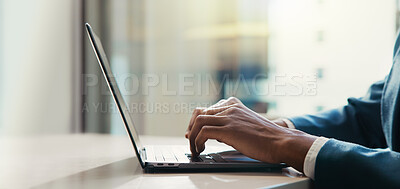 Buy stock photo Businessman, hands and laptop in office for typing, economy research and ecommerce. Trader, man and computer in agency on cryptocurrency platform, stock market review and networking for information