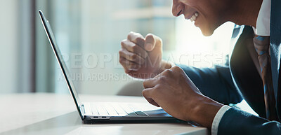 Buy stock photo Man, hands and excited at laptop for business, promotion news and stock exchange in office. Trader, cheer and tech in agency for cryptocurrency sale, investment return or happy for career development