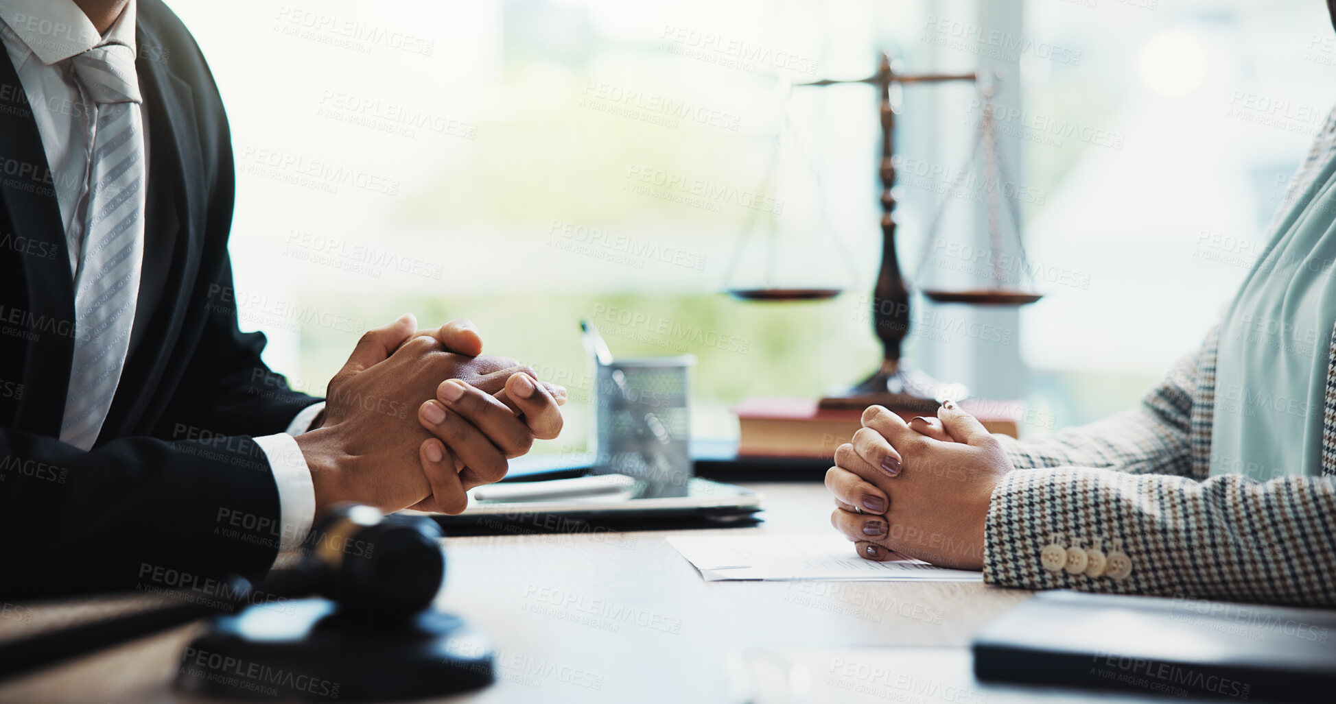 Buy stock photo Gavel, lawyers and hands of business people in meeting for legal consultation, contract and discussion. Corporate, professional and workers in office for legislation, agreement and deal at law firm