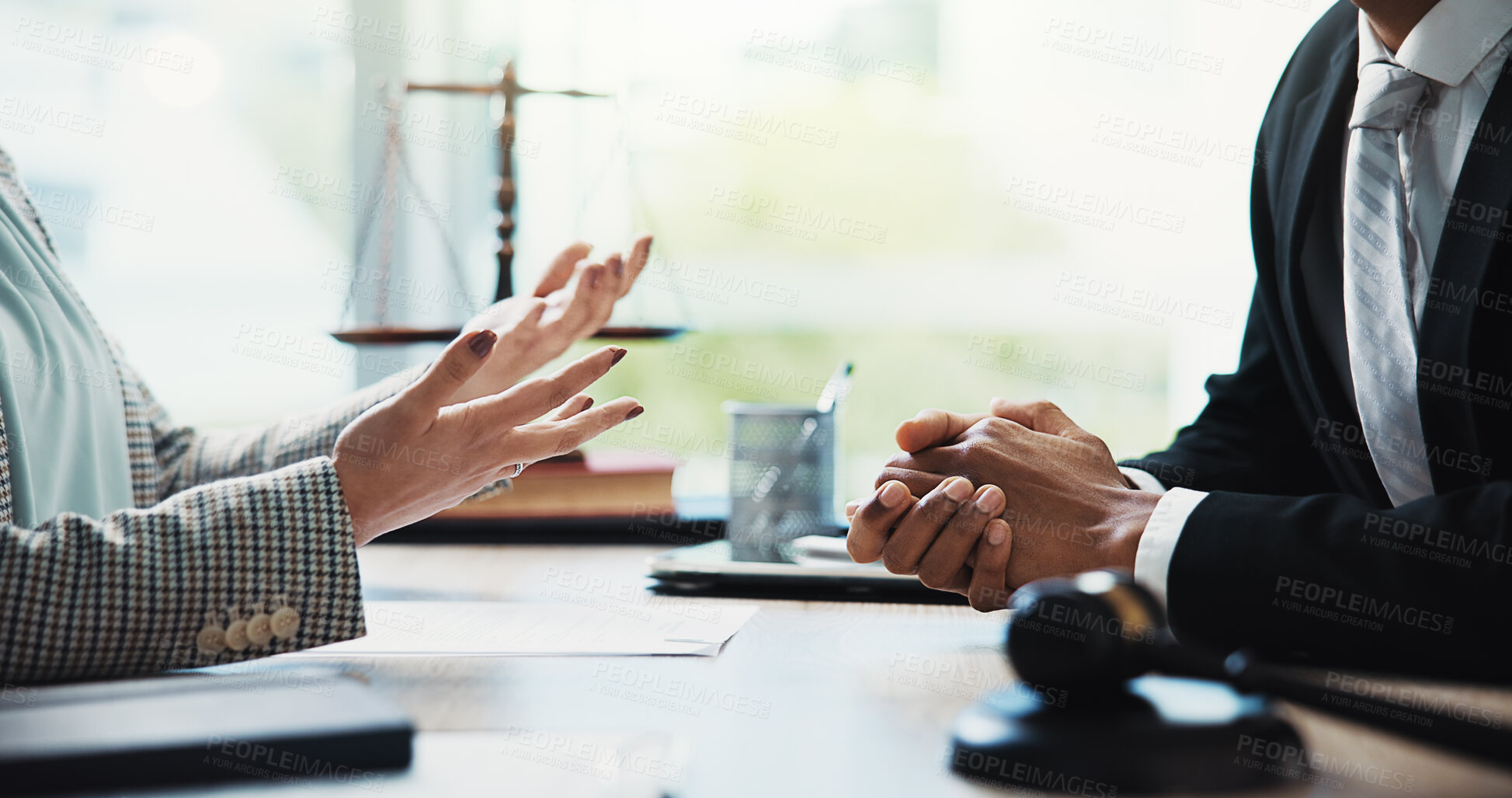 Buy stock photo Meeting, lawyers and hands of people in office for legal consultation, contract and discussion. Corporate, professional and workers with gavel for legislation, agreement and business deal at law firm