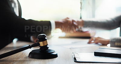 Buy stock photo Judge, handshake and lawyer in office with gavel on table for legal agreement. Attorney, business people and shaking hands for success, justice and support with lawsuit settlement or negotiation