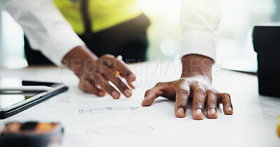 Buy stock photo Architecture, meeting or hands of person with blueprint for urban planning, design or building closeup. Construction, engineering or worker with renovation floorplan, inspection or contractor project