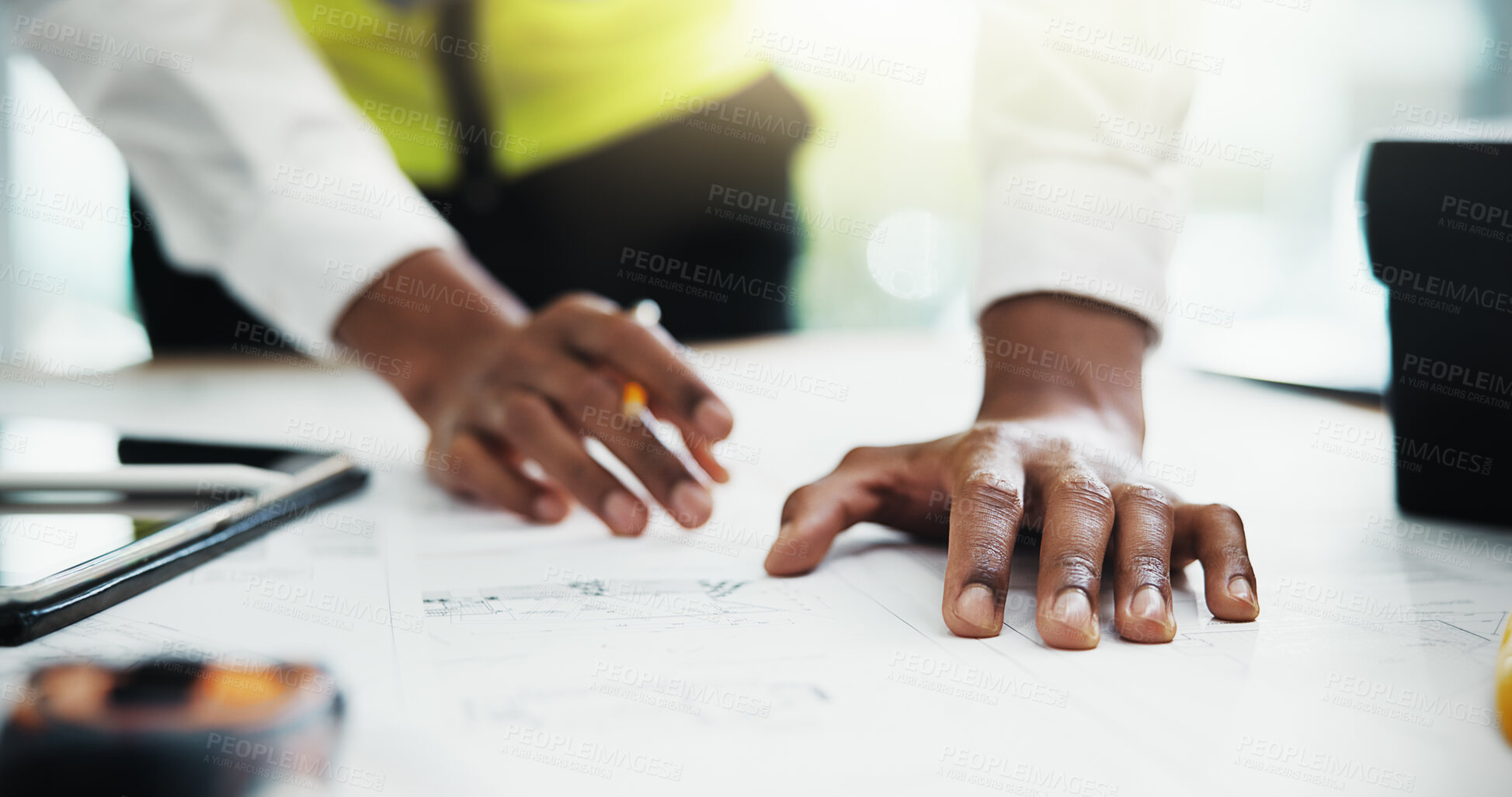 Buy stock photo Architecture, meeting or hands of person with blueprint for urban planning, design or building closeup. Construction, engineering or worker with renovation floorplan, inspection or contractor project