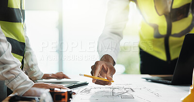 Buy stock photo Architecture, floor plan and hands of business people with blueprint for urban development, design and building. Construction, engineering and workers with pencil for teamwork, collaboration or ideas