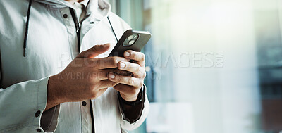 Buy stock photo Business, man or hands with phone in office for user research, reading client email or project feedback. Space, UX designer or smartphone for usability testing, online survey review or website scroll