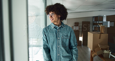 Buy stock photo Thinking, small business or happy man in office with boxes for shipping plan, decision or question. Smile, supply chain or entrepreneur with creative ideas for package, order or delivery distribution