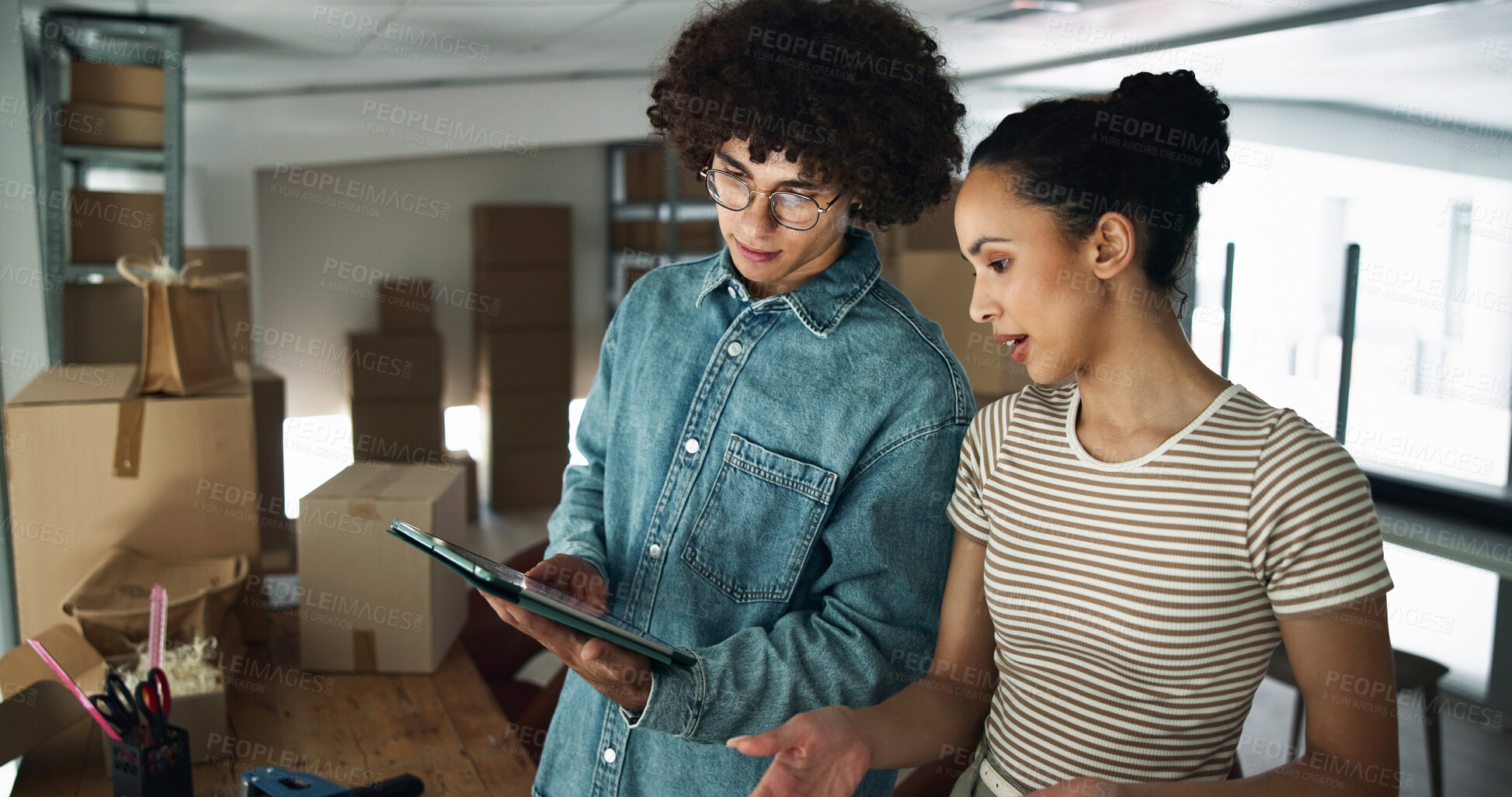 Buy stock photo People, tablet and teamwork for supply chain logistics, inventory check and factory for ecommerce. Employees, update export and support with delivery plan, talking and boxes inspection at depot