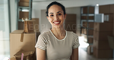 Buy stock photo Smile, businesswoman and portrait with boxes for logistics, distribution and pride for inventory service. Factory, employee and confidence with package for shipping, supply chain and manufacturing