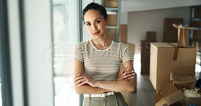Buy stock photo Confidence, businesswoman and portrait with boxes for logistics, distribution and pride for inventory service. Factory, employee and arms crossed with package for shipping, supply chain and startup