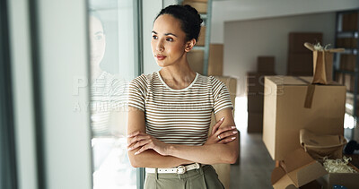 Buy stock photo Thinking, boxes or woman in small business with startup for shipping plan, decision or parcel. Ideas, supply chain or entrepreneur with creative solution for package, order or delivery distribution