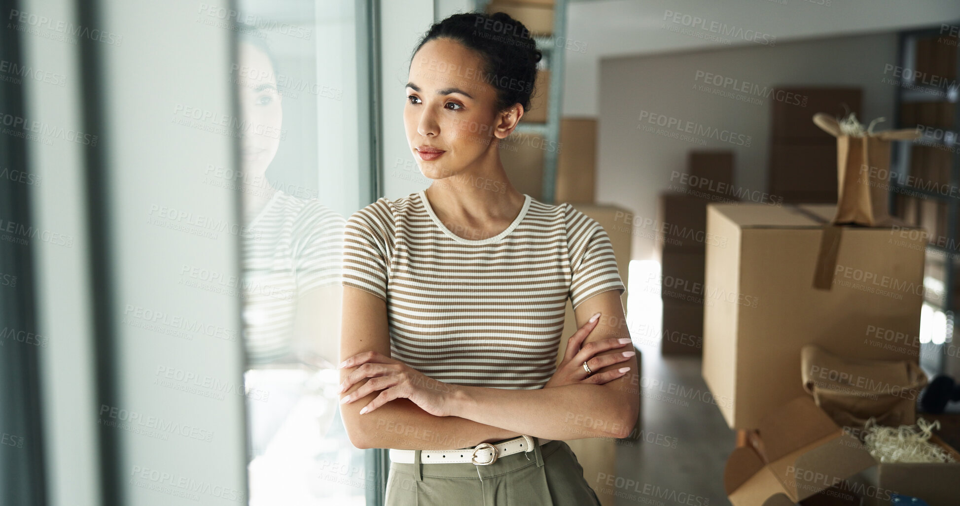 Buy stock photo Thinking, boxes or woman in small business with startup for shipping plan, decision or parcel. Ideas, supply chain or entrepreneur with creative solution for package, order or delivery distribution