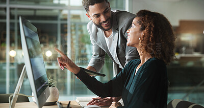 Buy stock photo Computer, happy team and business people in training, help or mentor brainstorming ideas in office. Collaboration, intern or discussion with project manager on tablet for solution, advice or coaching