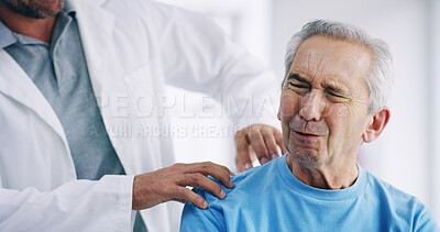 Buy stock photo Doctor, elderly patient or shoulder pain with physiotherapist for checkup, exam or visit at hospital. Male person, medical worker and senior client with physio for muscle relief, ache or inflammation