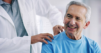Buy stock photo Doctor, elderly patient or shoulder injury with physiotherapist for checkup, exam or visit at hospital. Male person, medical worker and senior client with physio for pain relief, ache or inflammation