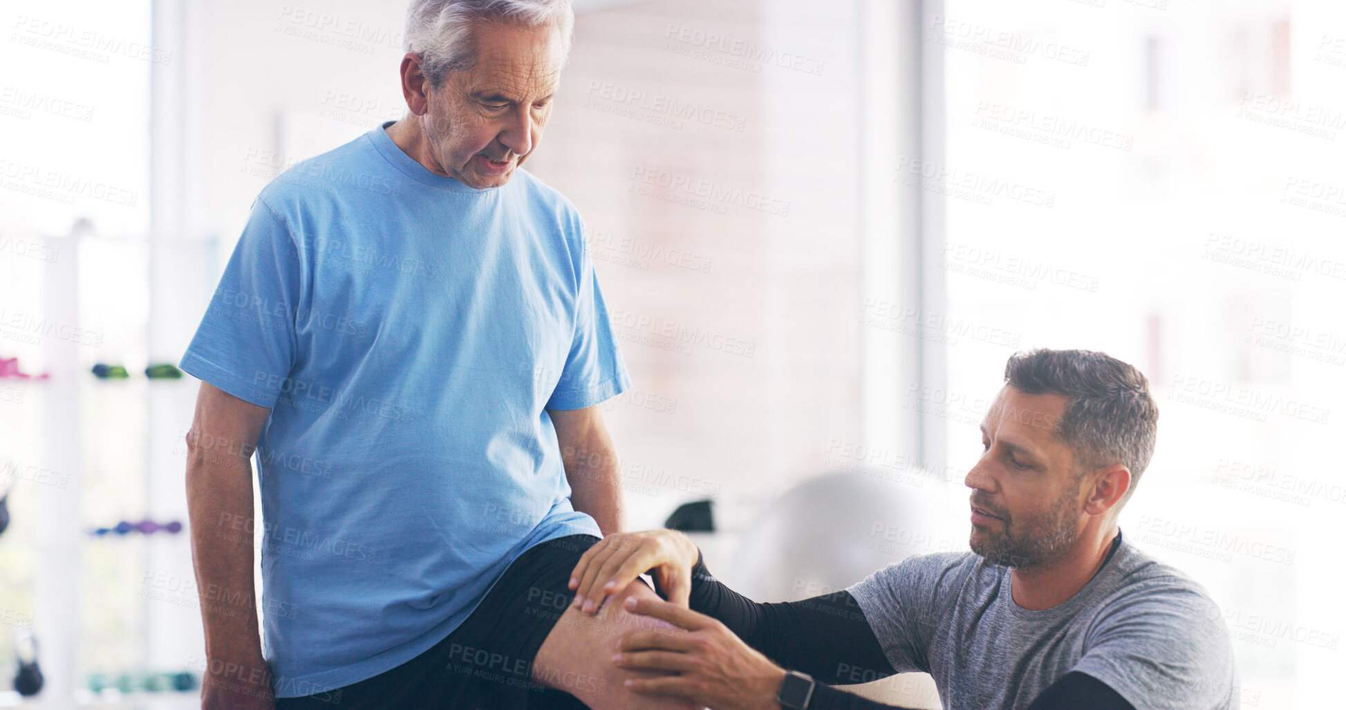 Buy stock photo Physiotherapist, elderly patient or knee pain with injury for checkup, exam or pain relief at hospital. Man, medical worker or physiotherapy with senior client for emergency, accident or inflammation