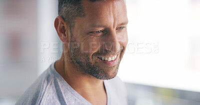 Buy stock photo Mature man, smile and thinking in home of happy memory, remember and nostalgia with relax. Person, thoughtful and confidence with wondering, daydreaming and planning in morning with contemplation