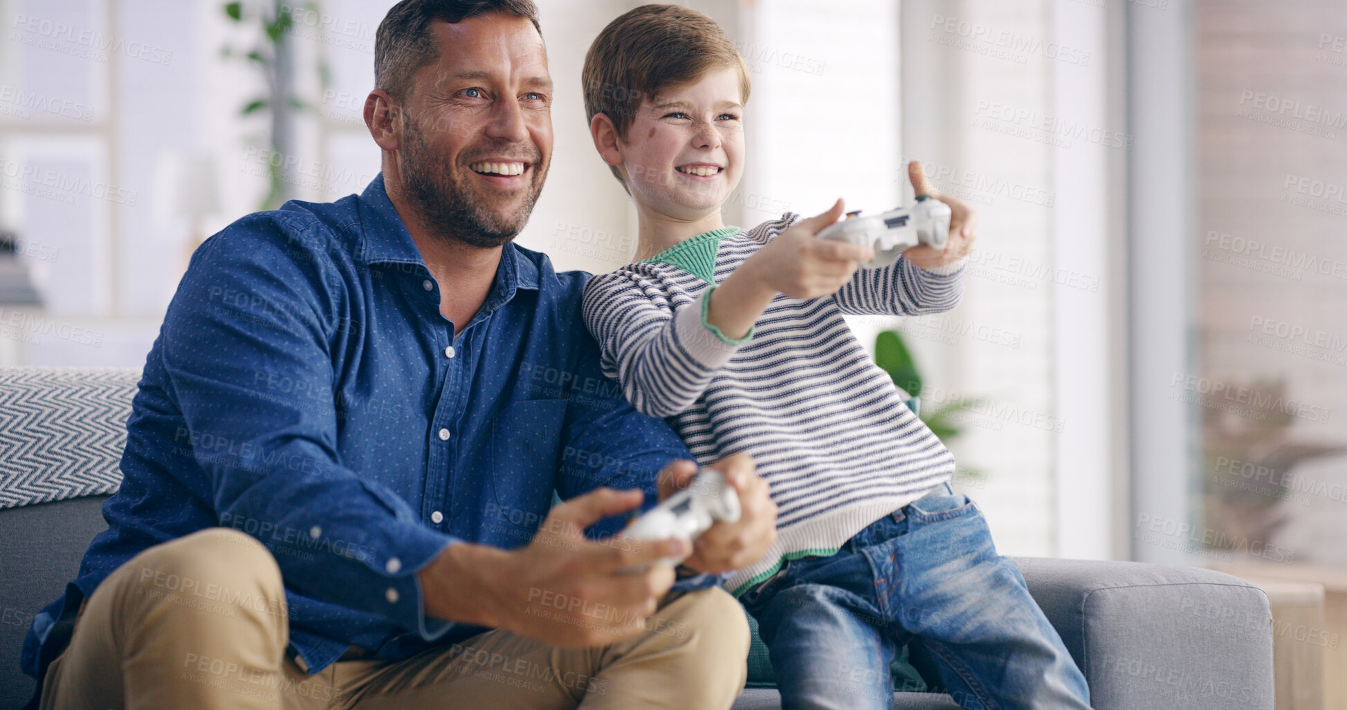 Buy stock photo Father, boy and video game with controller on couch, happy or play in living room at family house. Dad, child and relax with smile for contest, competition or challenge in lounge with bonding in home