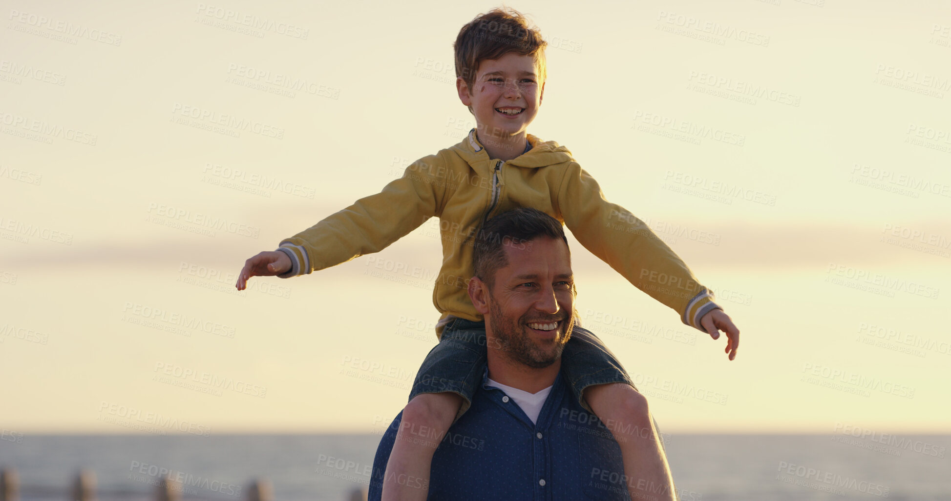 Buy stock photo Dad, son and shoulder carry by ocean on holiday, adventure and outdoor for bonding with father. Happy boy, child and papa for vacation security in relationship, kid and beach for love or care on trip