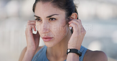 Buy stock photo Fitness, woman and thinking with music outdoor for cardio exercise, morning workout and getting ready for running. Runner, athlete and earphones with audio playlist or radio for marathon training