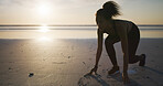 Fitness, woman or start on beach for race, exercise or ready in silhouette at mockup space. Sunset, runner or crouch at ocean for challenge, cardio training or sports athlete with endurance in Brazil