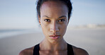 Serious, fitness and portrait with woman at beach for workout break, running and marathon training. Health, exercise and start with person and Brazil outdoor for wellness, sports and female runner 