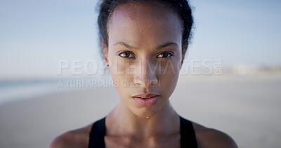 Buy stock photo Serious, fitness and portrait with woman at beach for workout break, running and marathon training. Health, exercise and start with person and Brazil outdoor for wellness, sports and female runner 