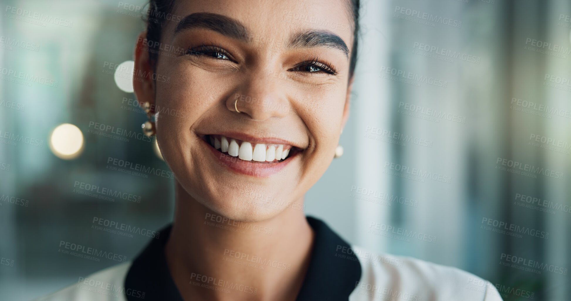 Buy stock photo Lawyer, businesswoman and portrait with smile in office, corporate project and proud for career. Law firm, female person or attorney with confidence for justice, court case or professional with pride