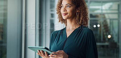 Buy stock photo Happy woman, tablet or thinking at window for business, future or pride for career development. Person, tech or reflection in office for decision, opportunity choice or online response for networking